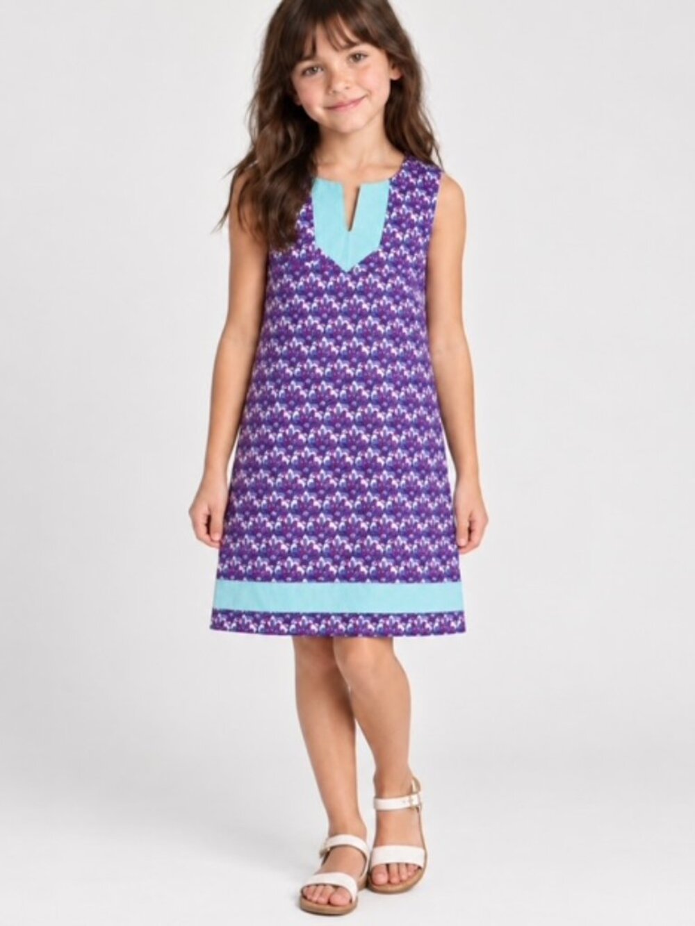 Girls VINEYARD VINES Sleeveless Shift Dress Turquoise Grosgrain Trim